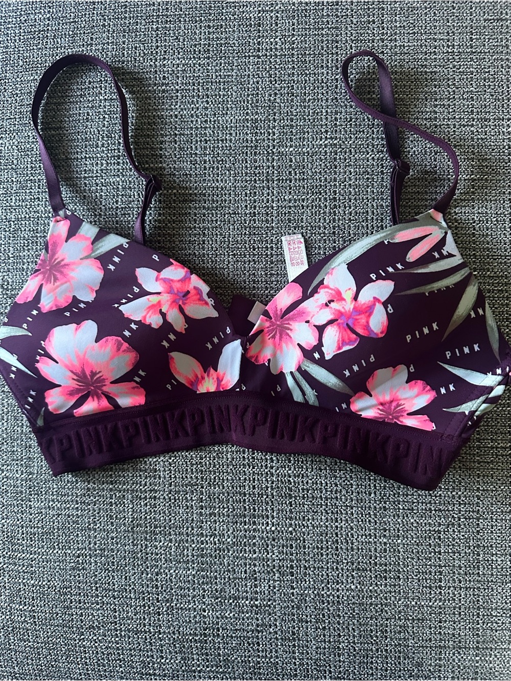 PINK Victoria's Secret Plum Floral Underwire Bikini Top with Pink Blooms